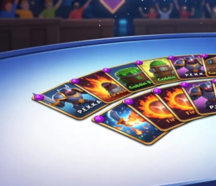Ilustracja kart Clash Royale ułożonych w dynamicznej talii