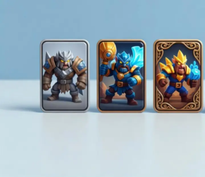 Przegląd różnych rzadkości kart Clash Royale na tle niebiesko-złotym