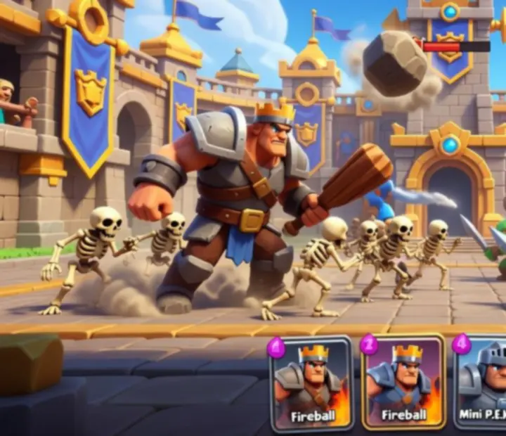 Pojedynek na kolorowej arenie Clash Royale z jednostkami walczącymi na środku
